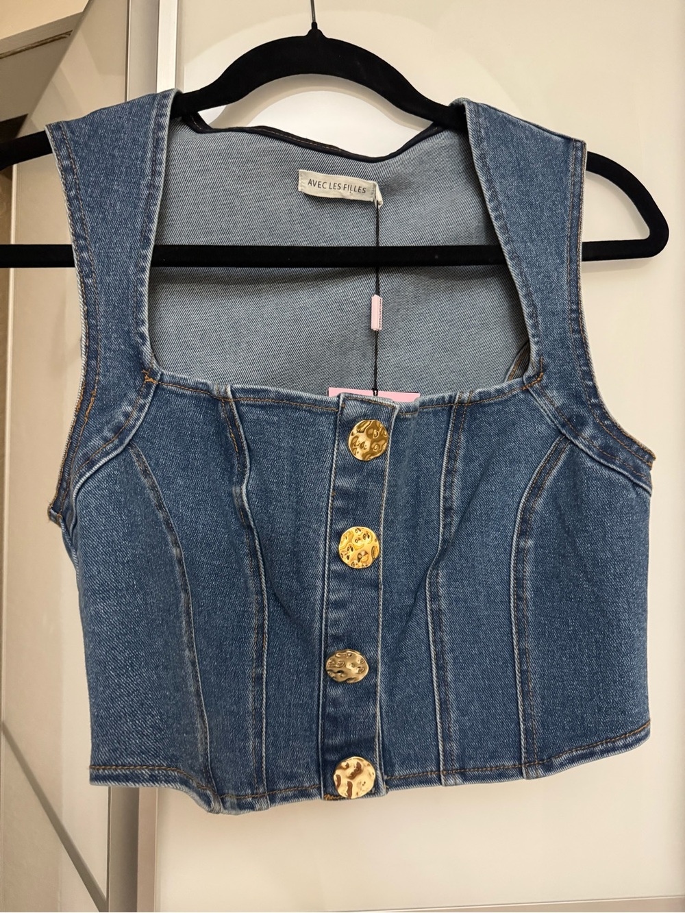 Avec Les Filles Denim Corset-Style Crop Top with Gold Buttons